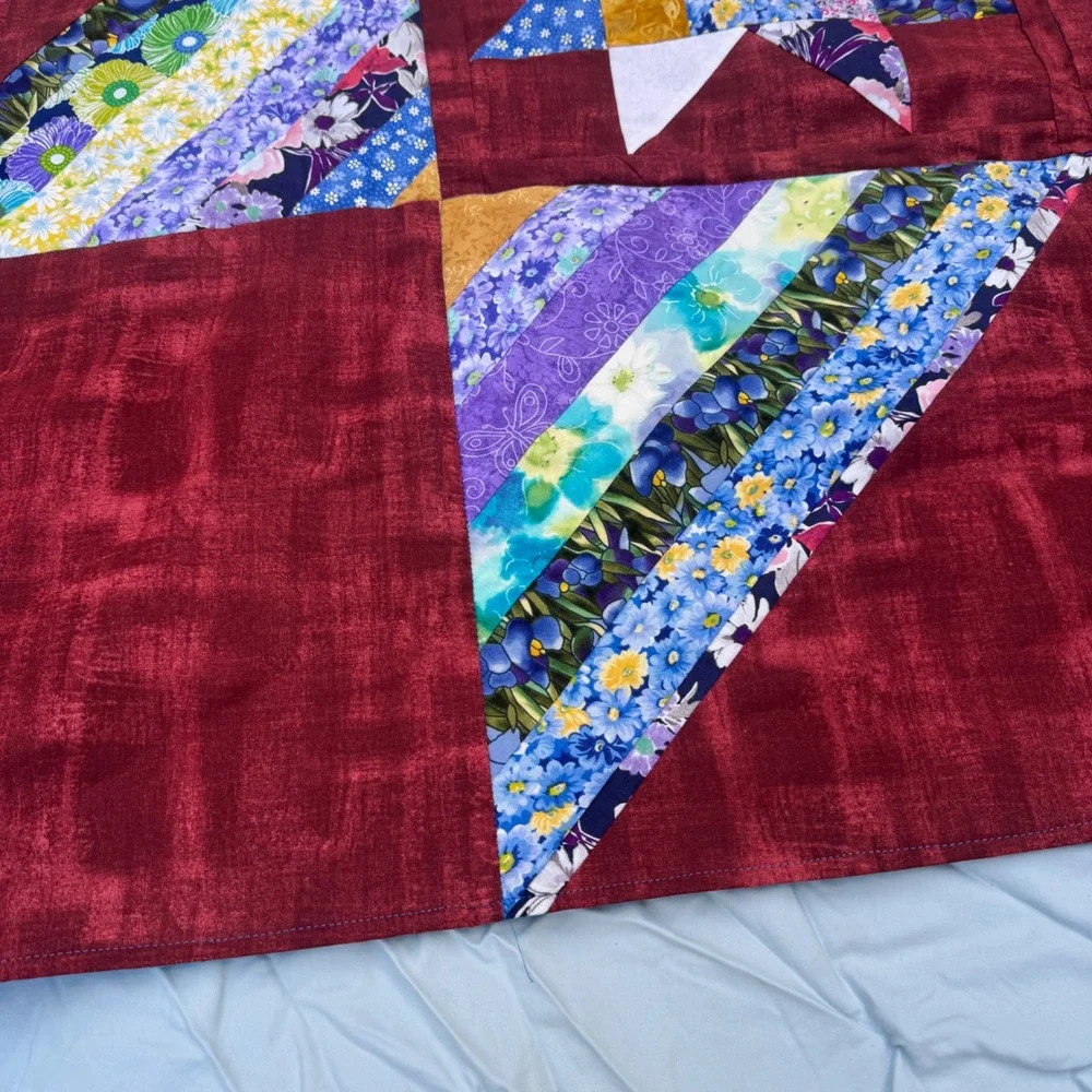 Vintage Handmade Star Patchwork Quilt Burgundy Floral Mason Jar Embroidery 60x60